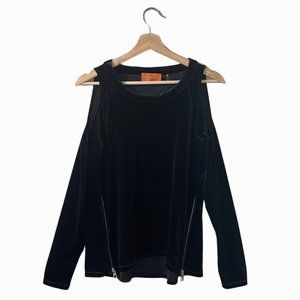 Patrizia Luca Blouse Size Small Black Velvet Cold Shoulder Top Zipper Accent